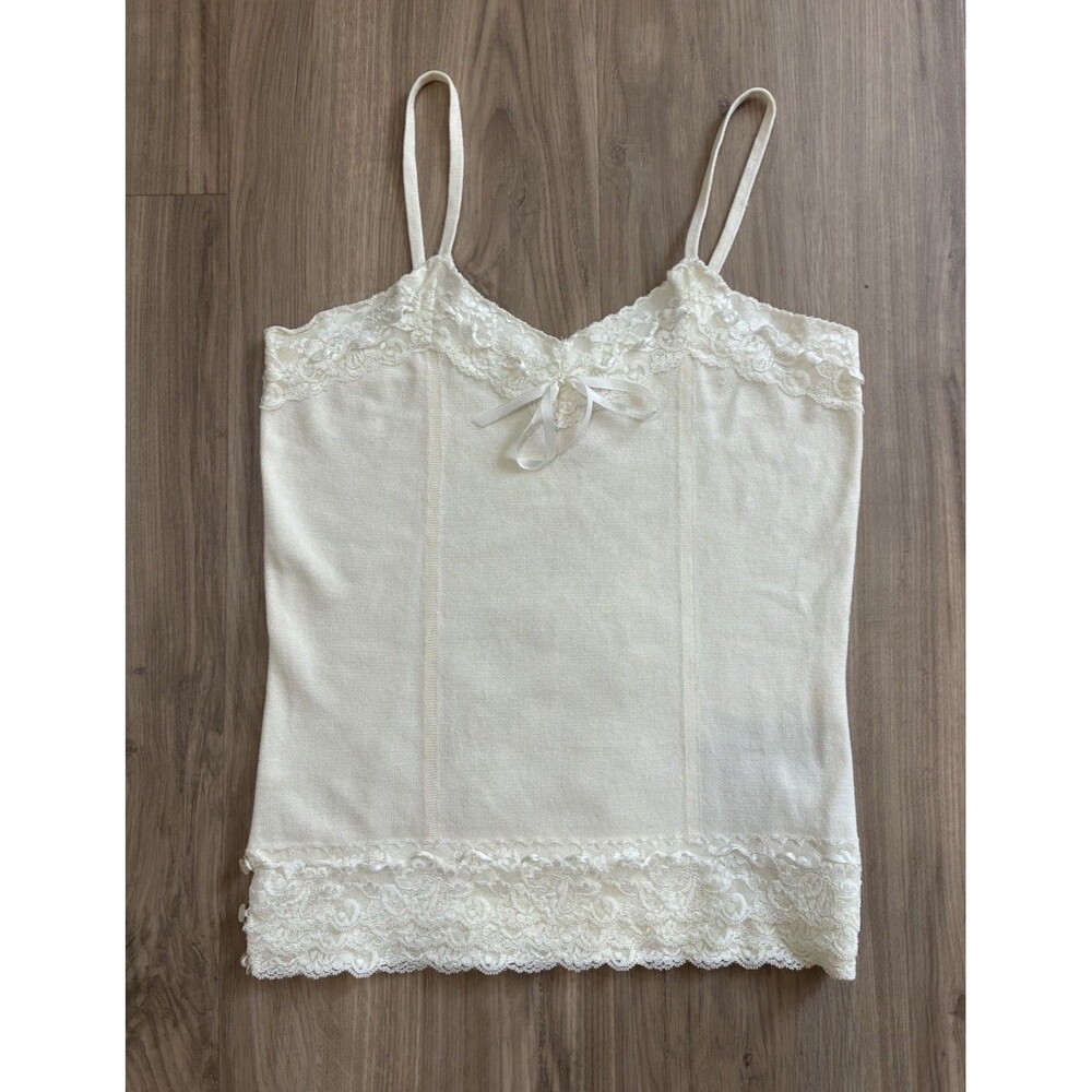 Soft Sweater Knit Camisole Tank Top Cream Lace And Ribbon Trim Sz. L Coquette - Picture 5 of 7